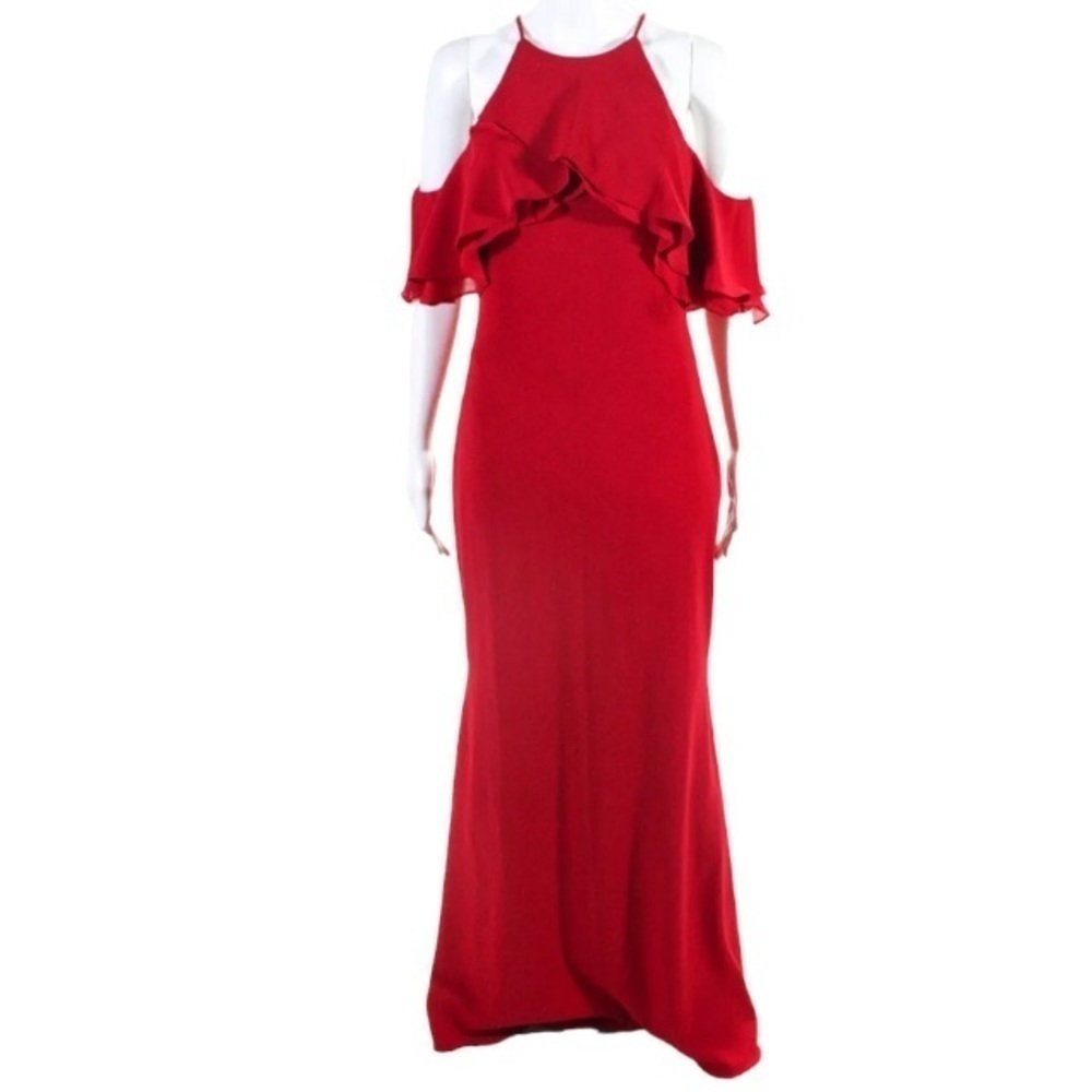 Badgley Mischka Crossover Gown Formal Maxi Dress Size 6 Red Cold Shoulder
